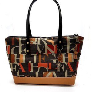 Alphabet Print Copper Faux Leather Canvas Designer Bag Purse Dual Handle Top Zip